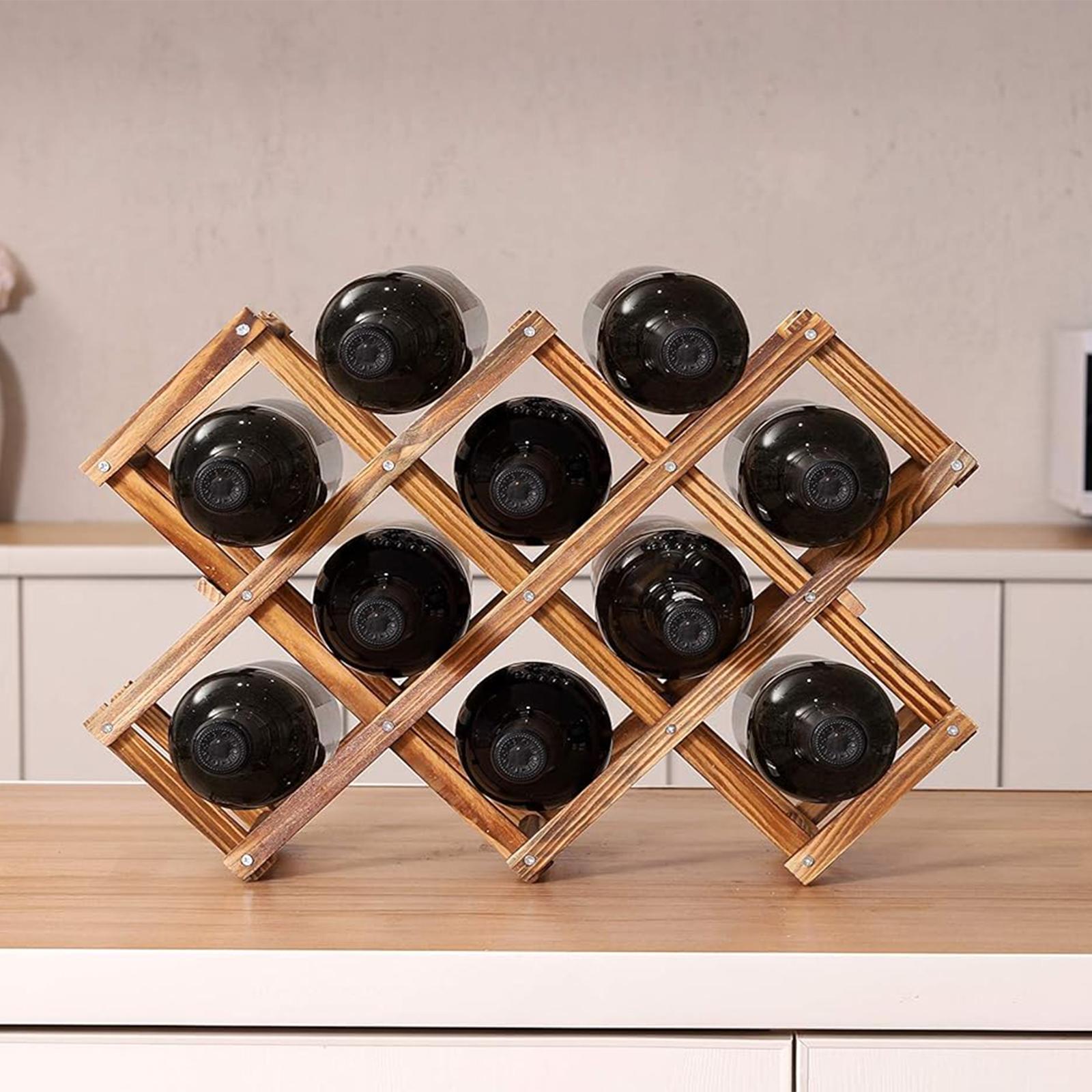 Wine Rack,Wood Wine Storage Racks Countertop,10 Bottle Wooden Stackable Wine Cellar Racks, Foldable Tabletop Free Standing Wine Bottle Stand Holder Display Shelf for Home Kitchen Bar Cabinets