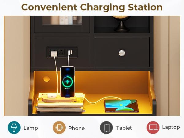 Sikaic LED Tall Nightstand With Charging Station Drawers Shelves Glass Door Storage Lighted Vanity Table Bedside Cabinet