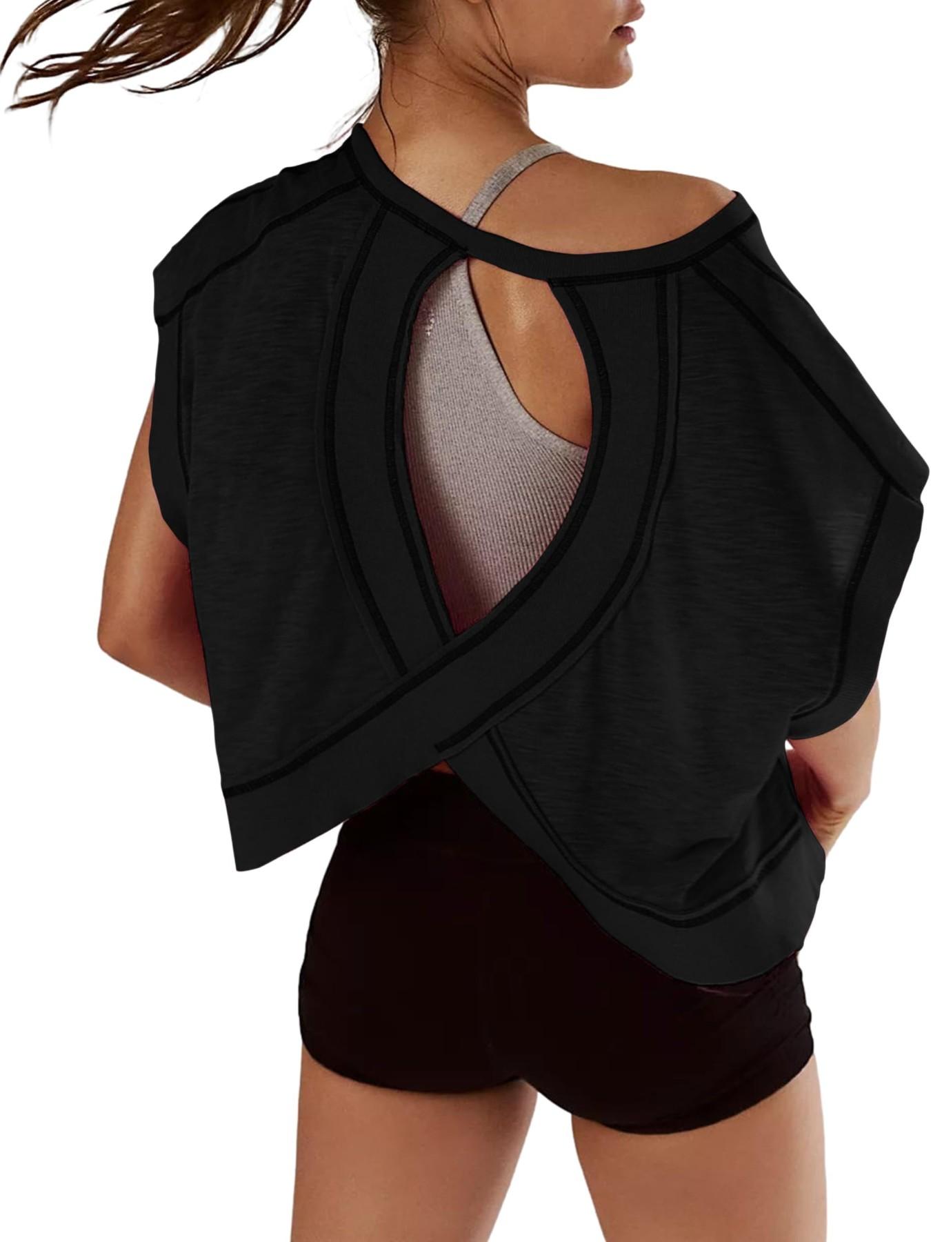 Women's Sporty Hoodie Round Neck Loose Fit Casual Sports T-Shirt, Gym Yoga Tops, Backless Hollow Design, Pure Color Skin-Friendly Yoga Wear