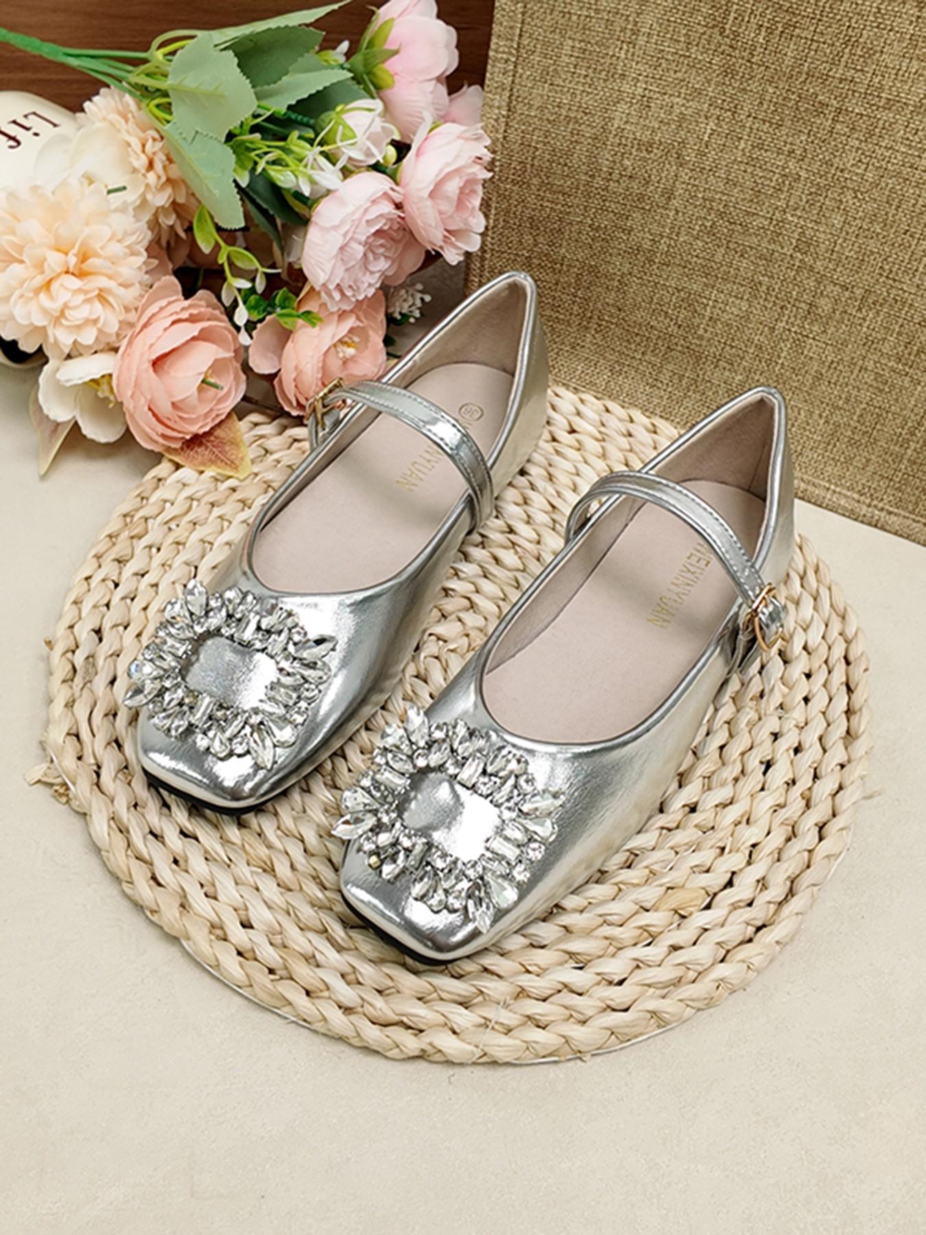 French Square Toe Mary Jane Shoes, Rhinestone Buckle Strap Flat Shoes, Soft Sole Casual Women's Shoes for Office and Dating
