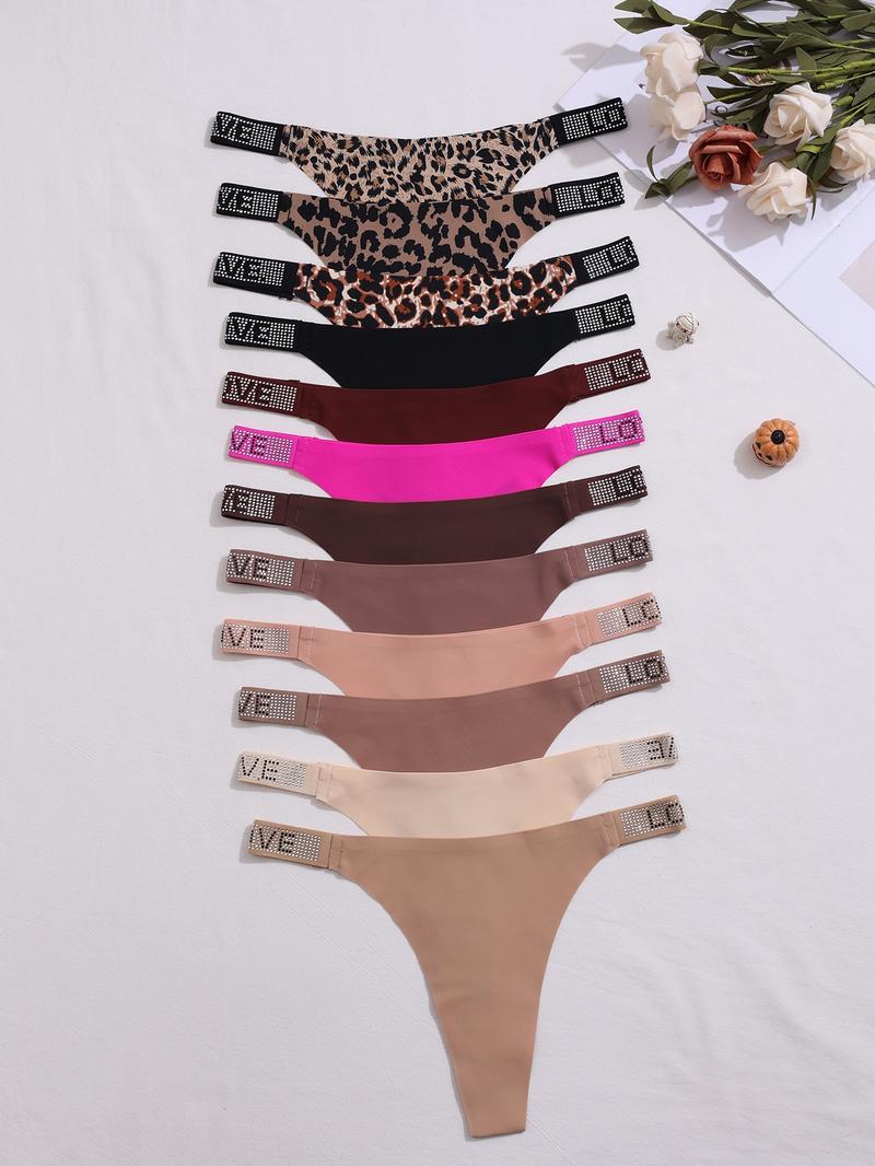 Women's Leopard Print One-Piece Thong Panties, Casual Slim-Fit Design, All-Season Comfortable Underwear, 12-Pack Packaged, Shaping Panties