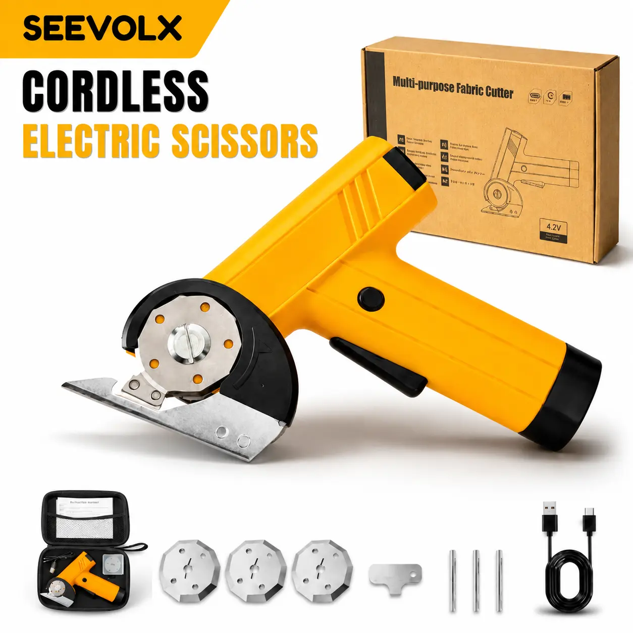 Electric Scissors Cordless Rechargeable Electric Cutter with 4 Speeds, 3 Blades, LED Display & Safety Lock for Fabric, Cardboard, Leather, Carpet & DIY Crafts