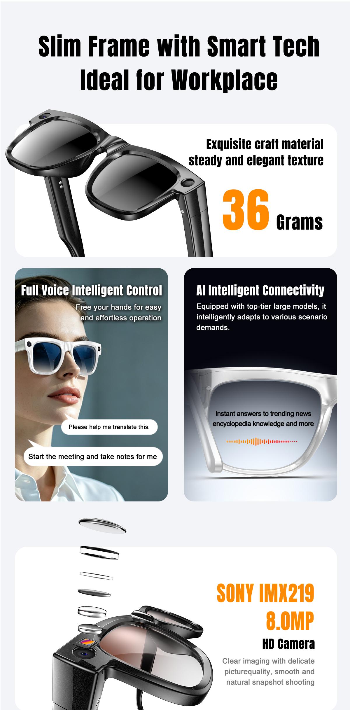 Women's AI Glasses, Wearable Tech Glasses, 8MP Camera, Hands-free Video Recording, 4GB Memory Build-in(No TF Card Need), 290Mah Battery, AI Multi Languages Translation, Wireless Translation Glasses, Bluetooth Calling, HiFi Audio, Music Control