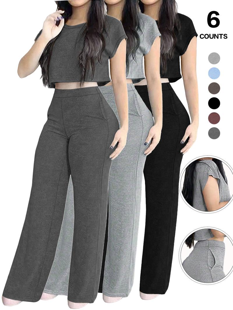 Women's Casual Elegant Solid-Color Suit Set, Short Top & High-Waisted Pants with Pockets, Comfortable Sporty Two-Piece