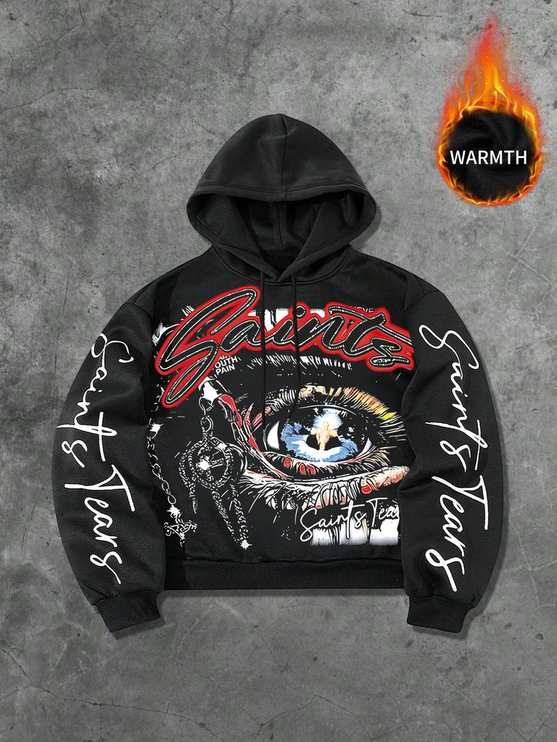 Unisex Fall Winter Graphic Hoodie, Dark Culture Fleece-Lined Sweatshirt, Eye Chain Print, Streetwear, Casual Fit, Long Sleeve