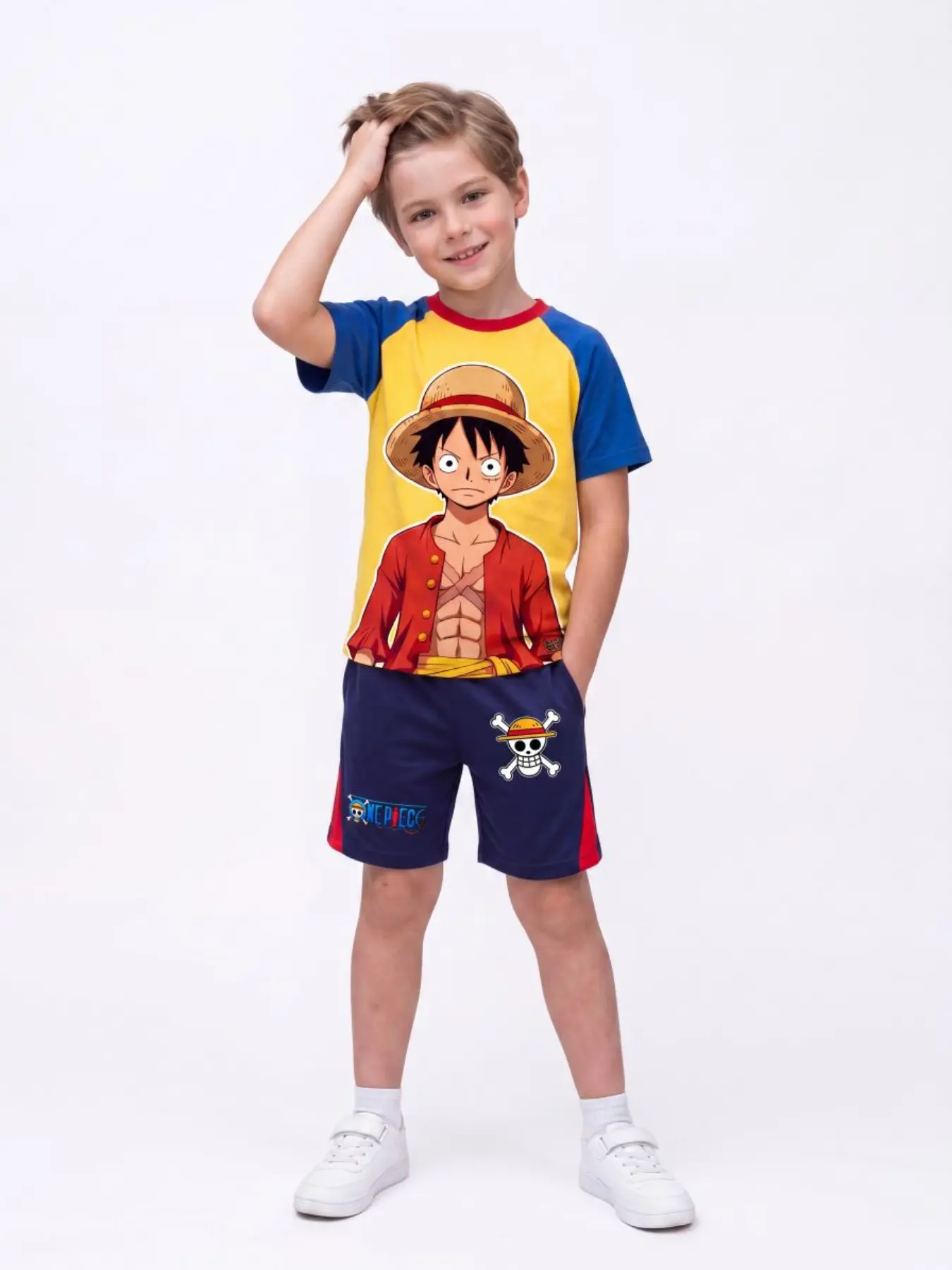 Official One Piece Kids Short Sleeve Set, Colorblock Luffy Print, Lightweight Quick-Dry, Summer Casual for Boys 4-14 Years Cartoon Print Set