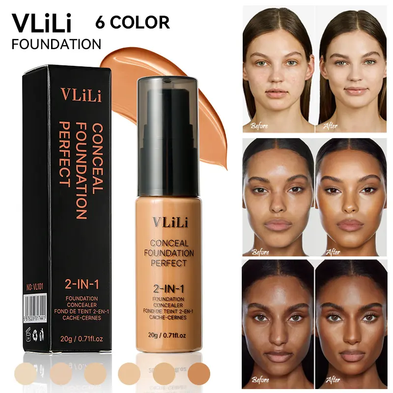 2-in-1 6-color liquid foundation cream conceals acne marks and dark circles, long-lasting waterproof base makeup