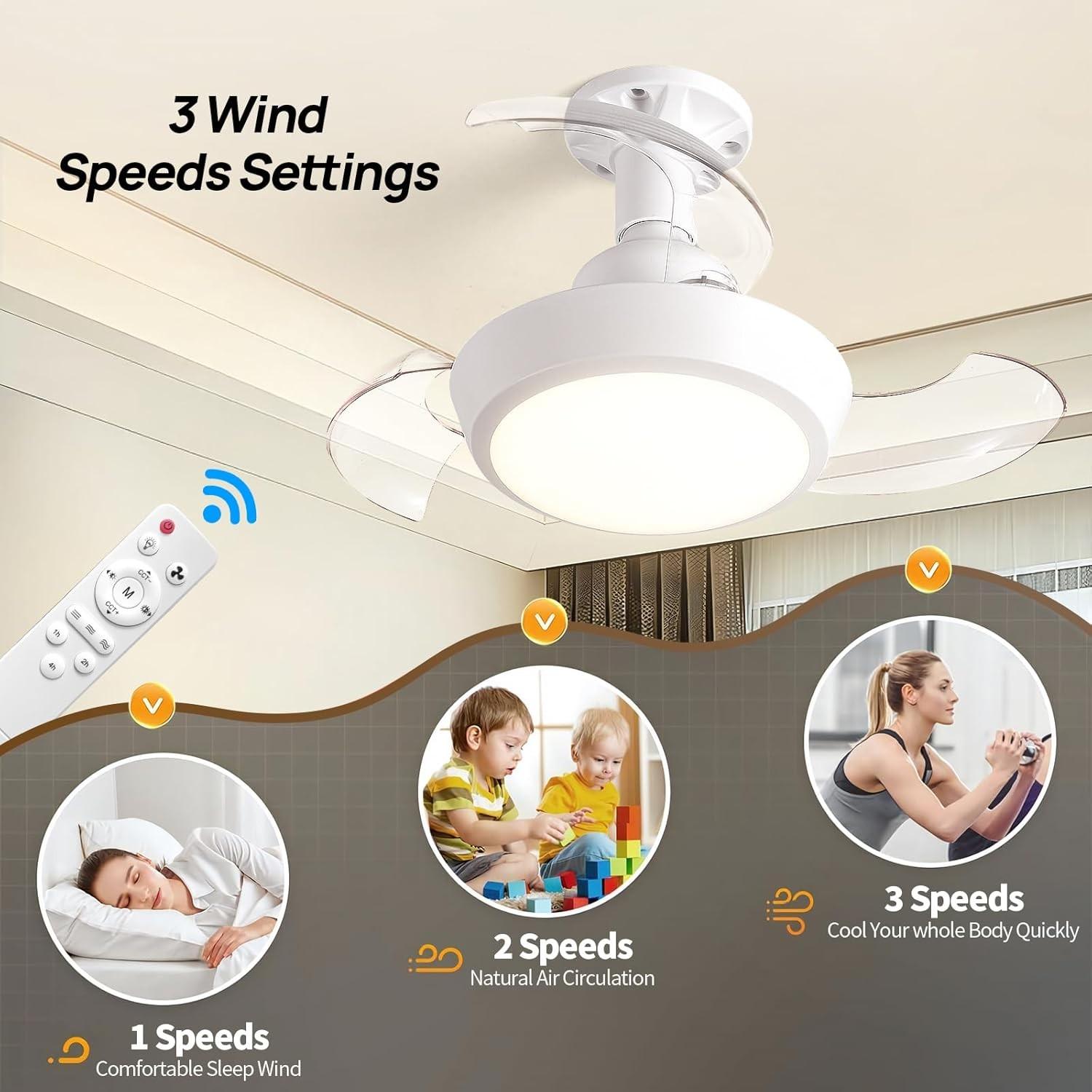 Socket Fan Light with Remote Control, E27 Socket Retractable Ceiling Fan Light, Ultra-Quiet Dc Motor, Dimmable LED, Flush MounSocket Fan Light E27 Fan Light Retractable Ceiling Fan Light Invisible Blades Ultra Quiet DC Motor Dimmable LED Flush Mountt