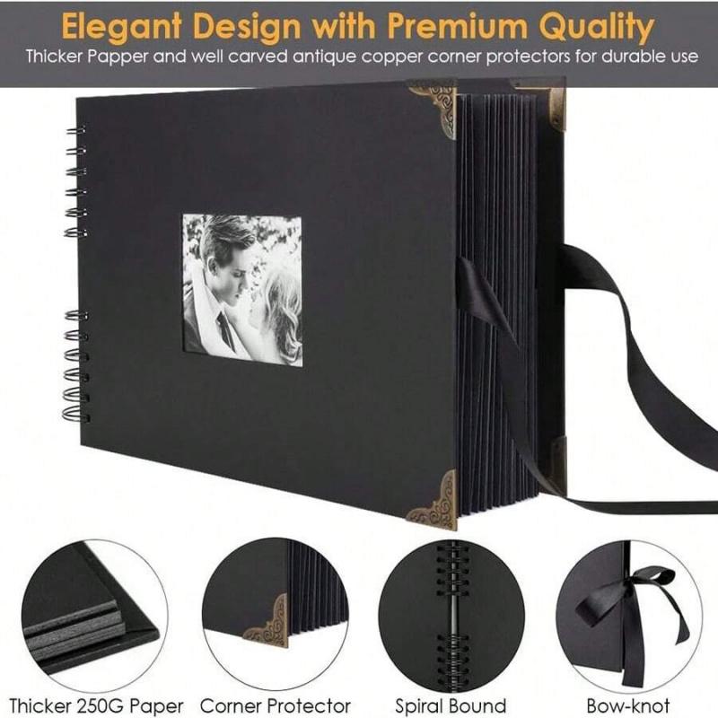Spiral-Bound DIY Scrapbook Kit, Hardcover Photo Album with Ribbon Closure, Complete Set with Stickers & Stencils, Personalized Memory Journal for Weddings, Travel, Birthdays and Anniversaries