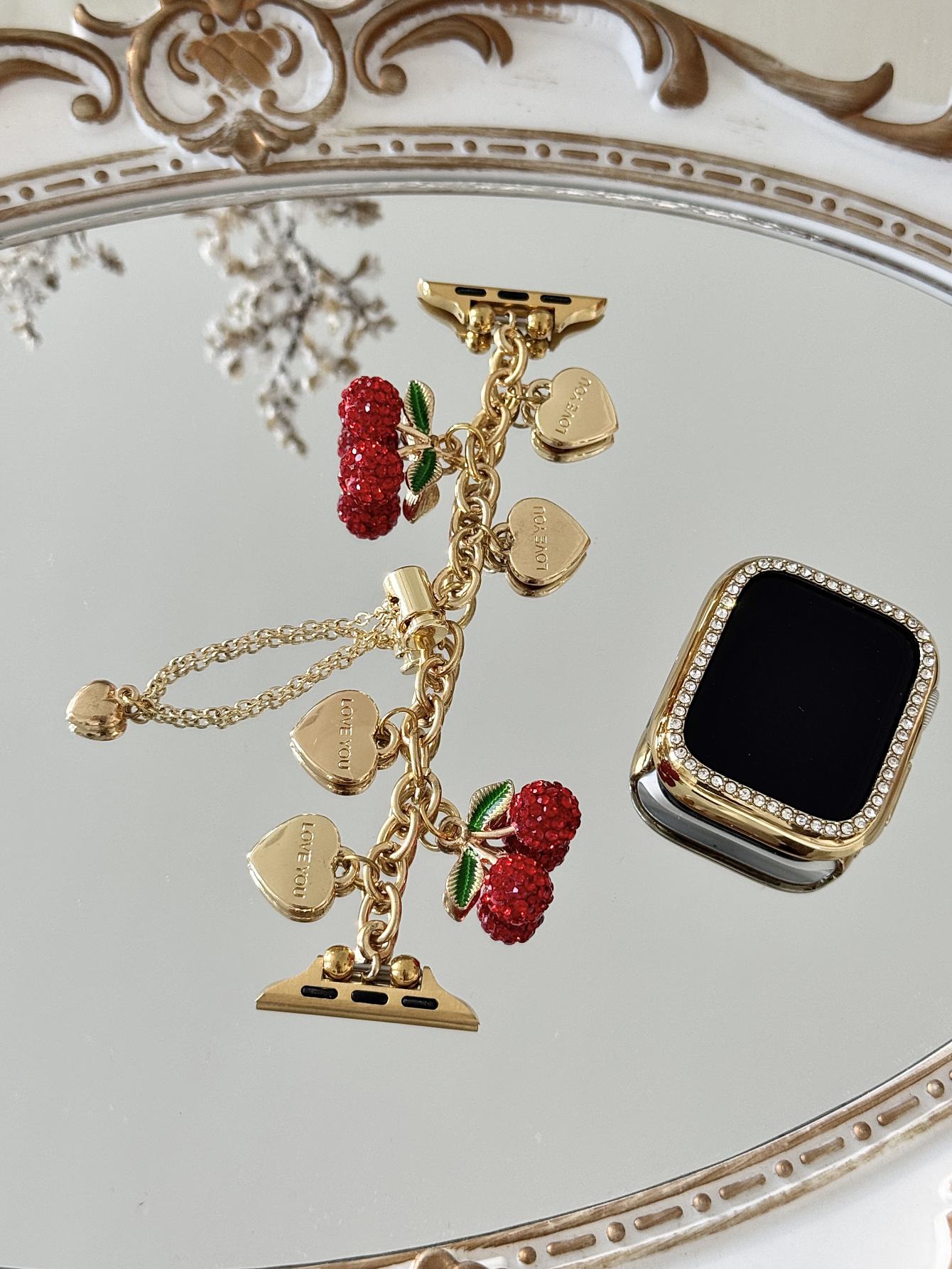 1PC fashionable heart-shaped cherry combination chain Apple Watch bands, Smart Watch Accessories, compatible with Apple Watch 38/40/41/42/44/45/46/49mm, for Ultra/SE/11/10/9/8/7/6/5/4/3/2/1, (watch and case not included), Smartwatch Accessories