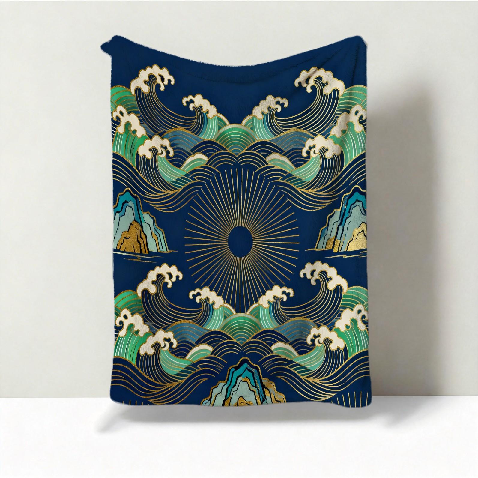 1 Piece Japanese Wave Sun Blanket, Navy Blue Gold Foil Great Wave HD Digital Single-Sided Print Flannel Throw Blanket, Super Soft Plush Warm Blanket for Couch Bed Travel, Multipurpose Cozy Gift Blanket