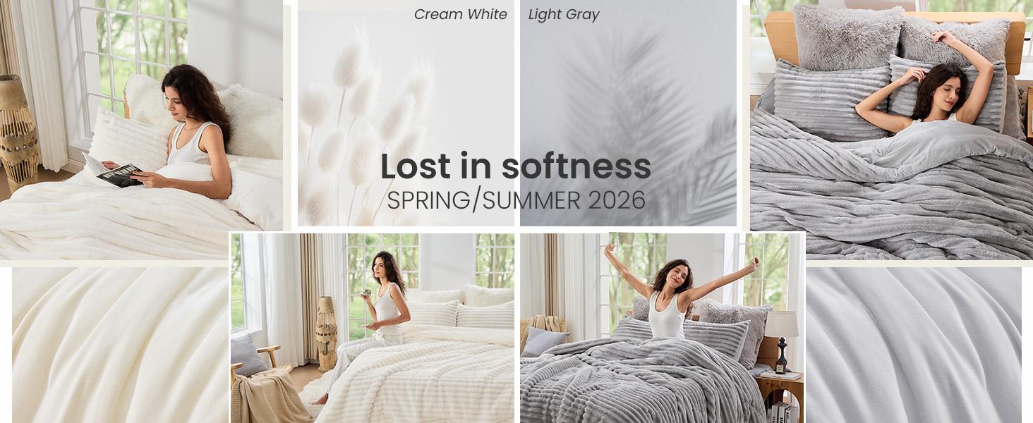 Sasttie Queen Bed Comforter Set 3 Pieces - Super Soft Fleece Bedding Set, 1 Warm Fuzzy Marshmallow Comforter, 2 Pillow Cases, Faux Fur Down Alternative, Cream White, Bedding Sets