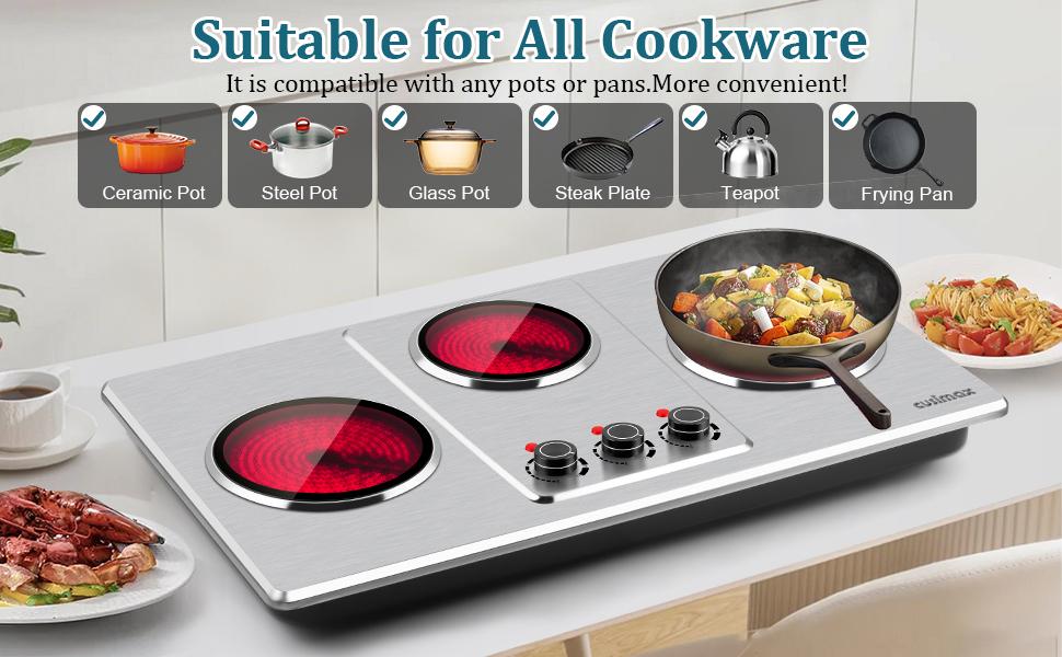 CUSIMAX Hot Plate Electric Countertop Infrared Triple Burner with 7 Ceramic Glass Cooktop 11 Level Temperature Setting 1800W Power for All Cookware electric hot plate Double Stove burner built-in electric stove top Portable level temperature control cookt