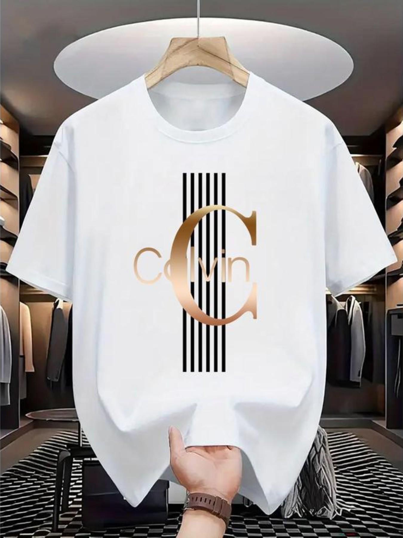 Calvin Gold Letter Print T-Shirt, Unisex Casual Loose Fit, All Seasons Short Sleeve, Trendy Fashion for Men and Women