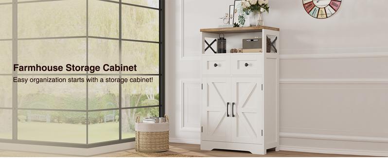 Vabches Farmhouse White Storage Cabinet with Doors and Drawers, Freestanding Kitchen Pantry Cabinet, Floor Storage Cabinet Hutch Cupboard for Kitchen/Laundry/Living Room/Bedroom
