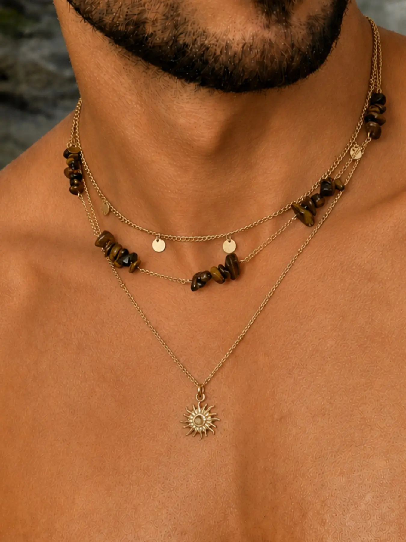 Unisex Irregular Pendant Necklace, Lightweight Luxury Beaded Design, Multi-Layered Tiger Eye Stone Chain, Elegant Men's Jewelry