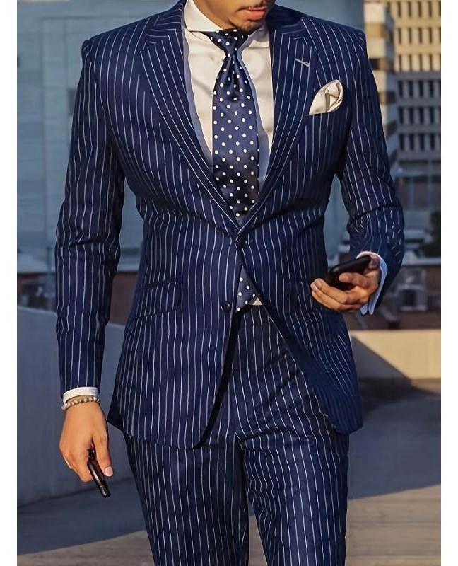 Men's Suit - 2pcs Navy Blue Pinstripe Blazer & Pants Formal Casual Wear for Weddings Business Meetings Menswear Gamis Polyester Lengthened Lengthy