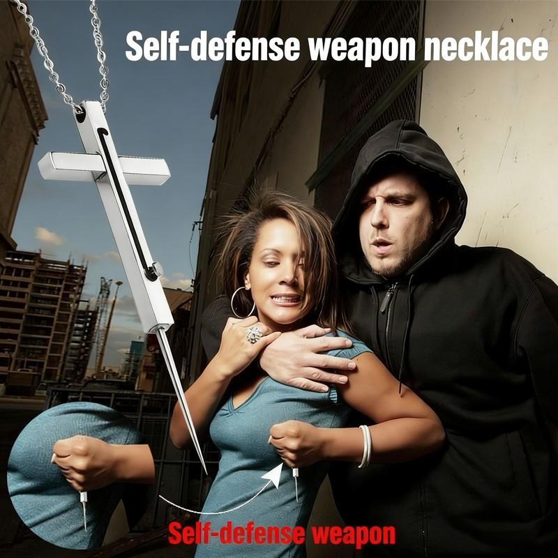Hidden Self-Defense Cross Necklace, Push-Pull Spring Mechanism, Single Hand Quick Deployment, Airline Safety Jewelry