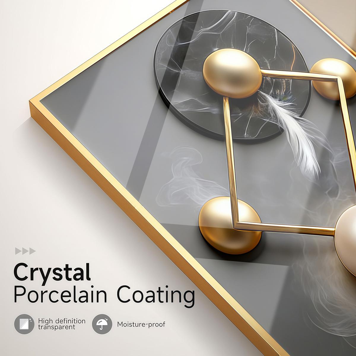 3 Counts Aluminum Alloy Framed Painting, Modern Abstract Geometric Gold And Feather Art Pictures, Home Decoration For Living Room, Bedroom, Office, Restaurant, Hallway Wall Decor, Odorless Print Artwork, Luxury Perfect Gift For Friends And Family