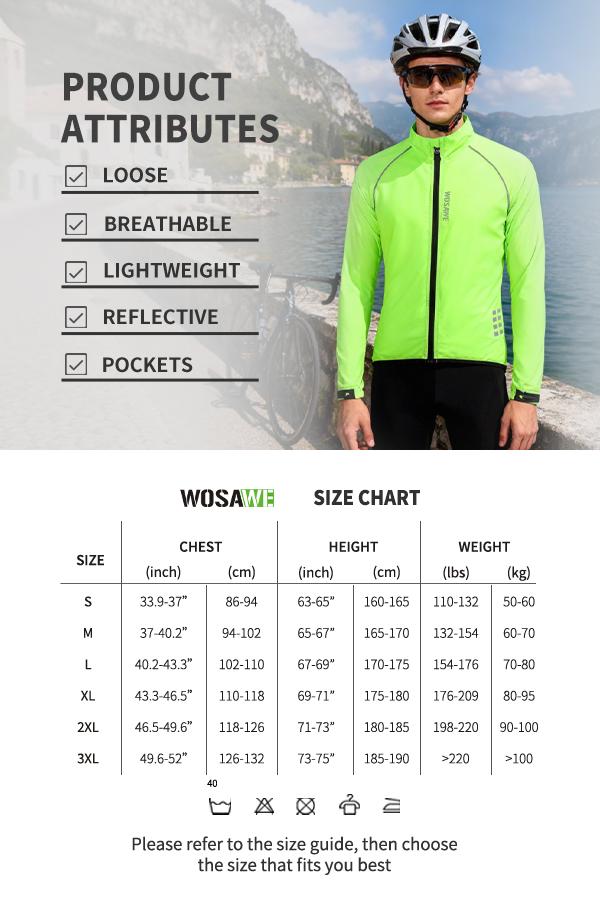 WOSAWE Cycling Wind Jacket Loose & Comfortable, Tailored Fit Reflective Design  ,Lightweight  Portable Sun Blocking- Breathable, Zip-Up Sports Coat for Outdoor Riding Activities