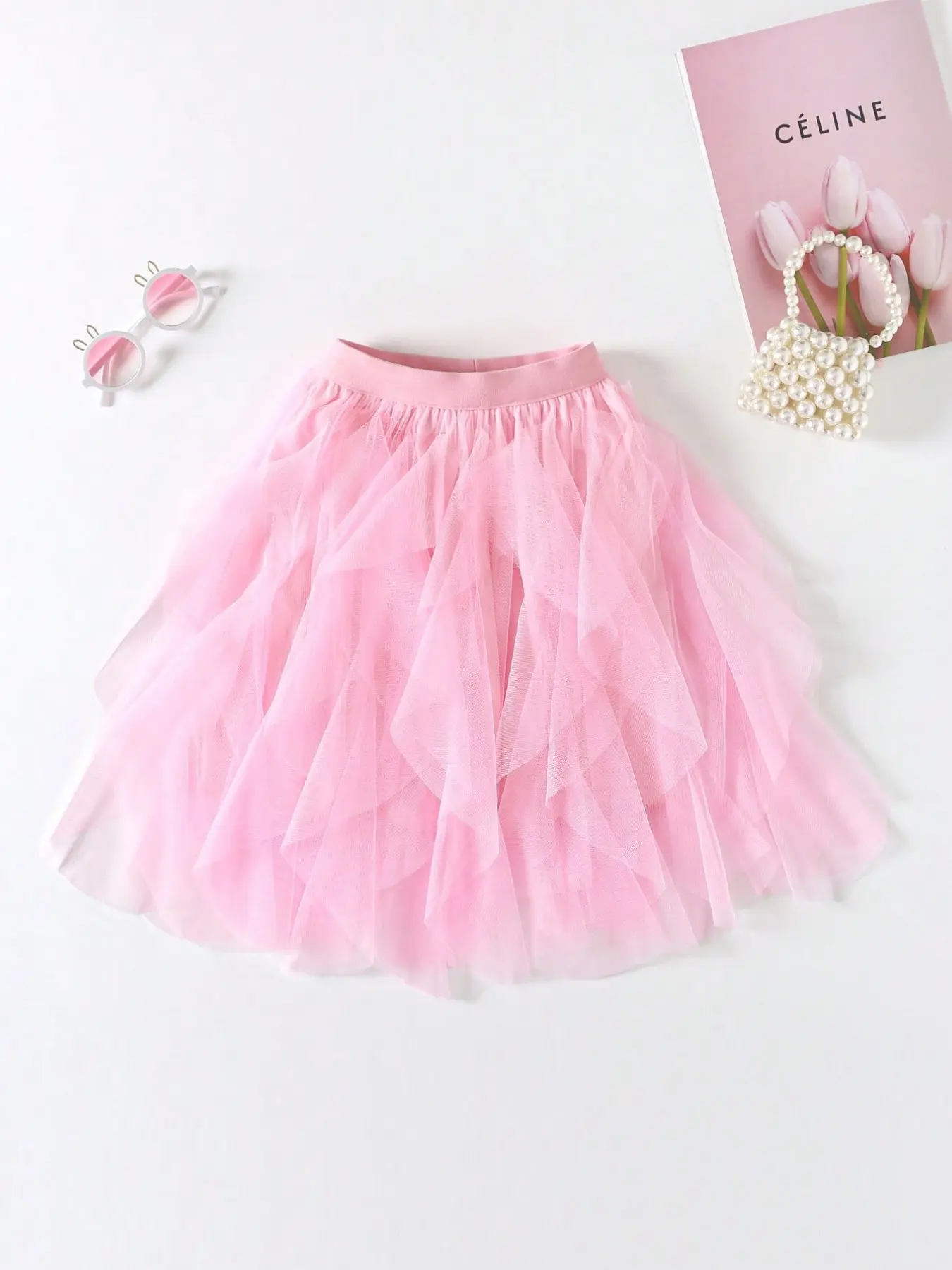 1Pc Irregular Ruffle Mesh Short Dance Skirt, Elastic Waist Asymmetric Layered Mesh Skirt, Women's Ballet Performance Party Dress, Dance Clothes