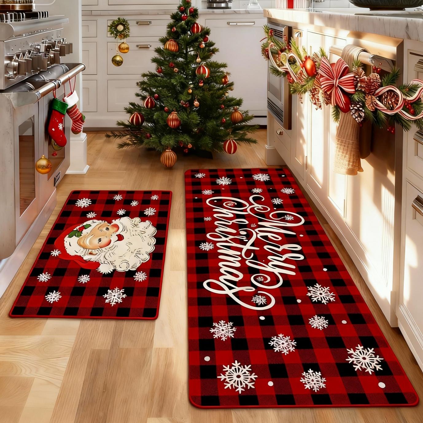2 Counts Christmas Kitchen Rug Set, Santa Gingerbread Man Christmas Tree Dwarf Gnomes Pattern, Non-Slip Soft Low Height, Holiday Party Floor Mat Home Decor, Home Decor Rugs