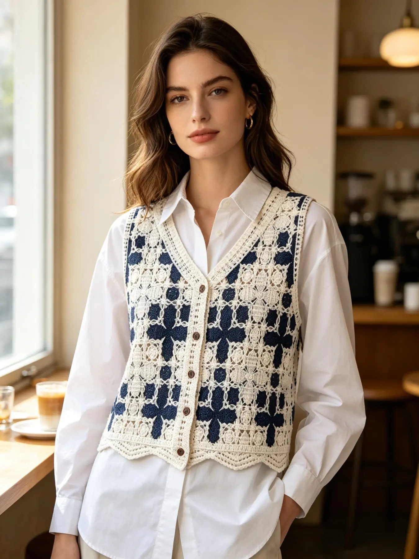 Women Crochet Sleeveless V-Neck Vest, Floral Embroidery Hollow-Out Knit Gilet, Lightweight Warm Layering Outerwear, Casual Fashion Top