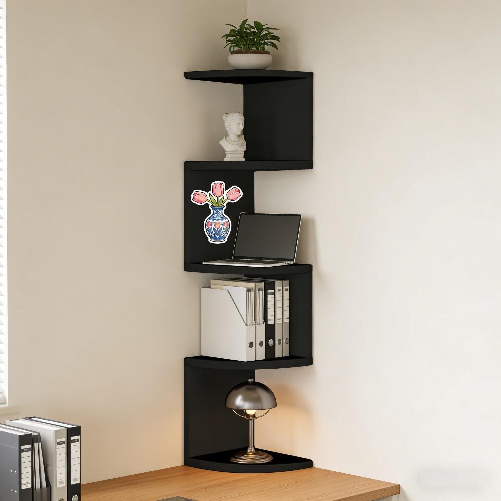 Five-tier corner shelf – a space-saving floating storage rack suitable for bedrooms, living rooms, and bathrooms. This wall-mounted organizer features a European and American style corner floating shelf and a minimalist bookshelf design.