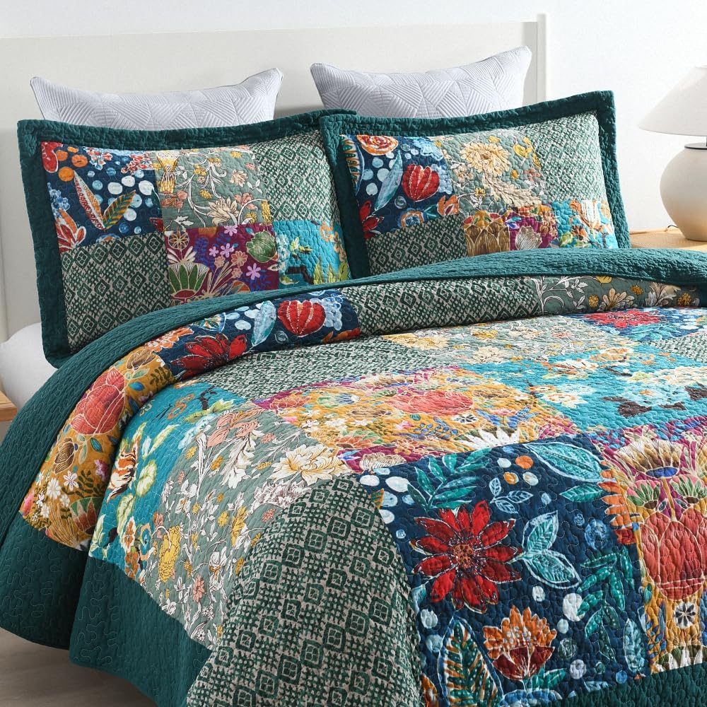 Bedspread Quilt Sets Reversible Bedding Coverlet Sets Comforters, Patchwork  Floral Turquoise Bedspread,  Size