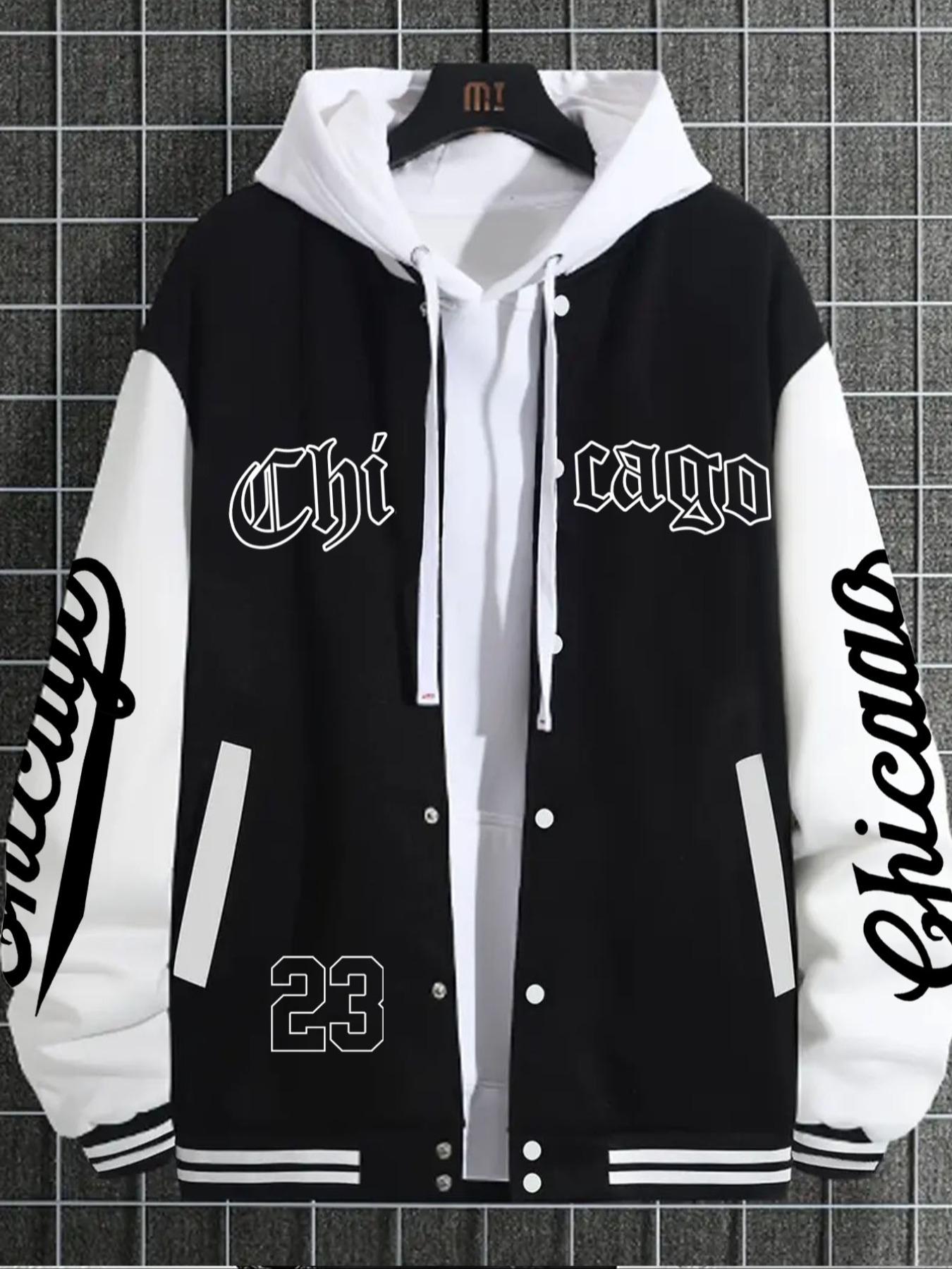 Men's Casual Letter Print Baseball Jacket, Chicago-23 Design, Fitted H-Type, Geometric Pattern, All Seasons Wear, Versatile Net Version