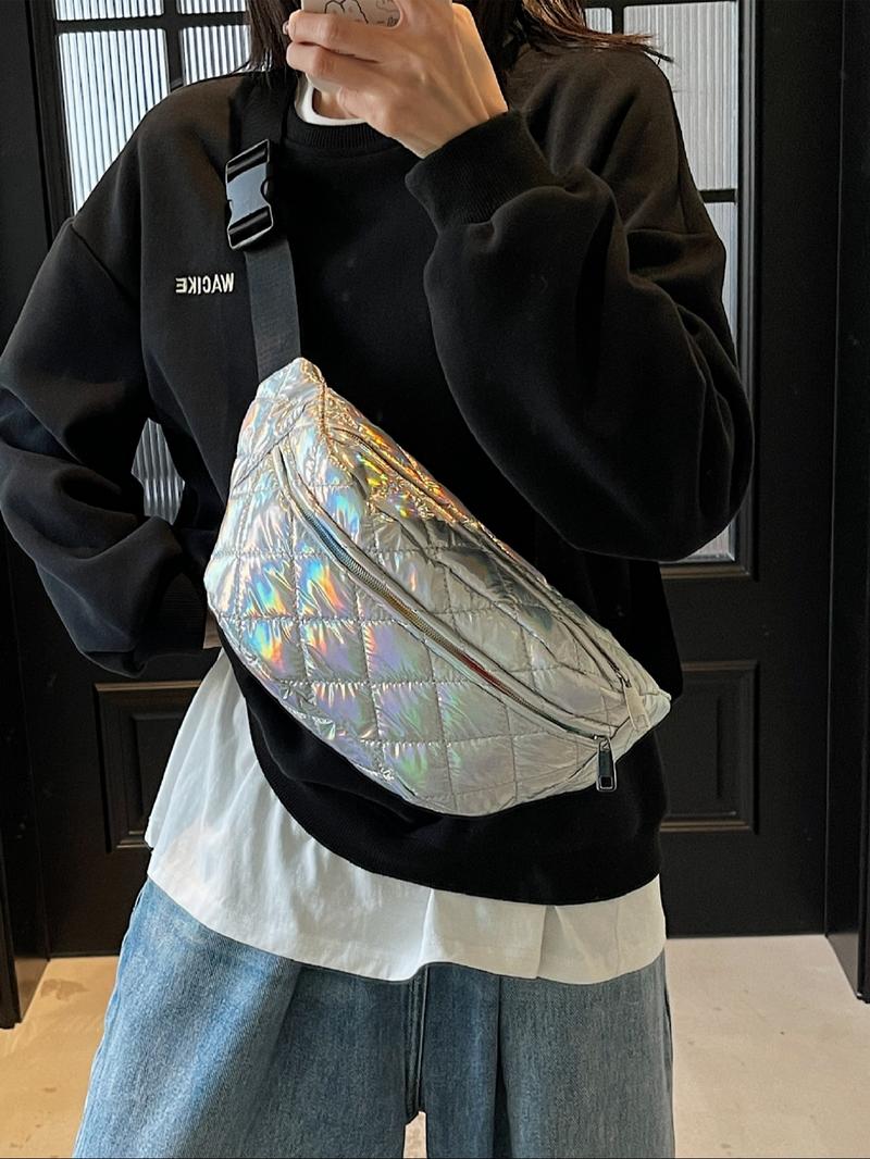 Women's Solid Color Quilted Fanny Pack, Fashionable Argyle Embossed Zipper Chest Bag for Daily Used, Casual Trendy Versatile High-quality Daily Commuting Bag