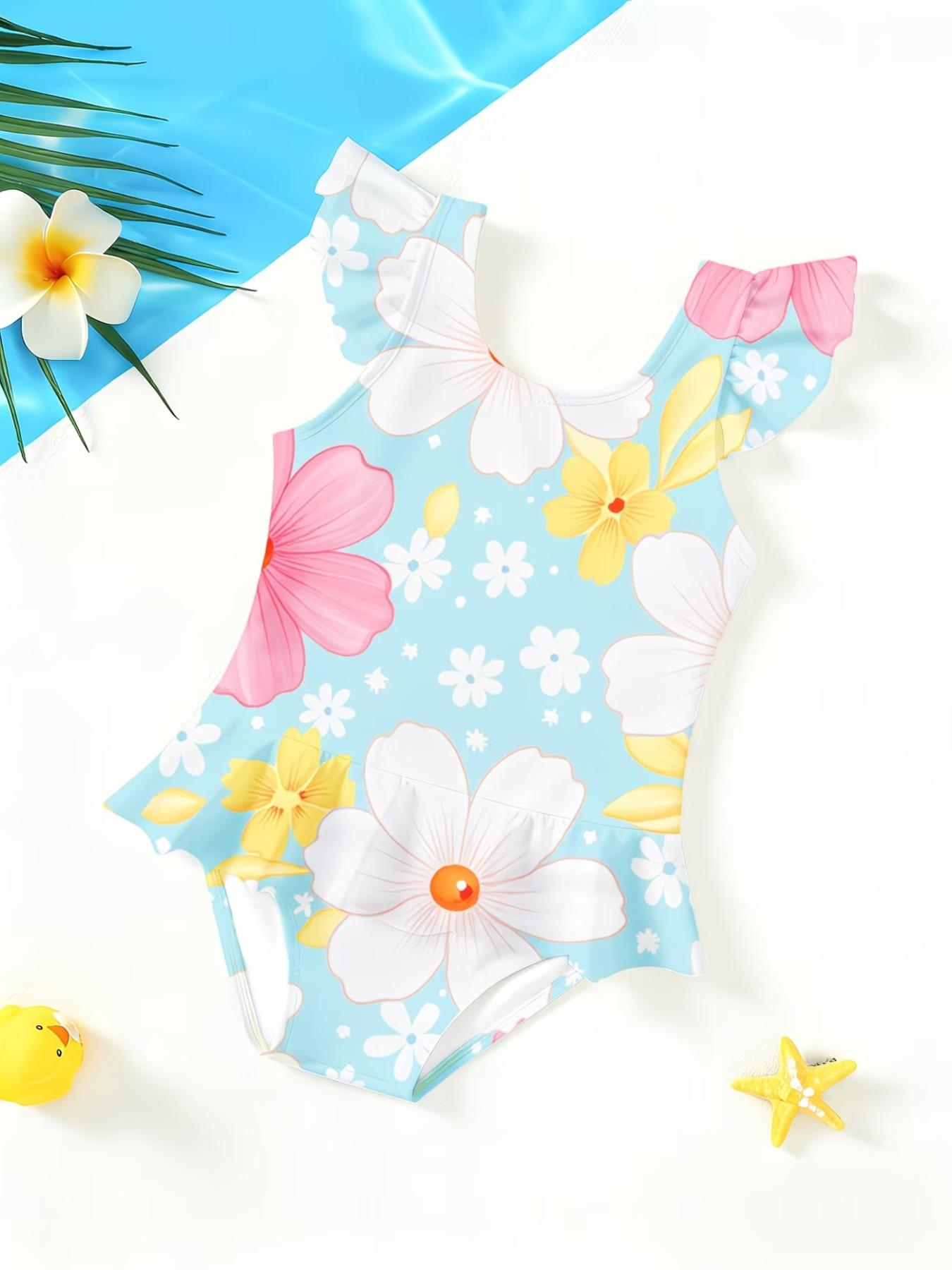 Girls' Floral Pattern Jumpsuit, Cute Cartoon Print, Ruffled Quick-Dry Swimwear, Fashionable Beach Party, Sporty Style