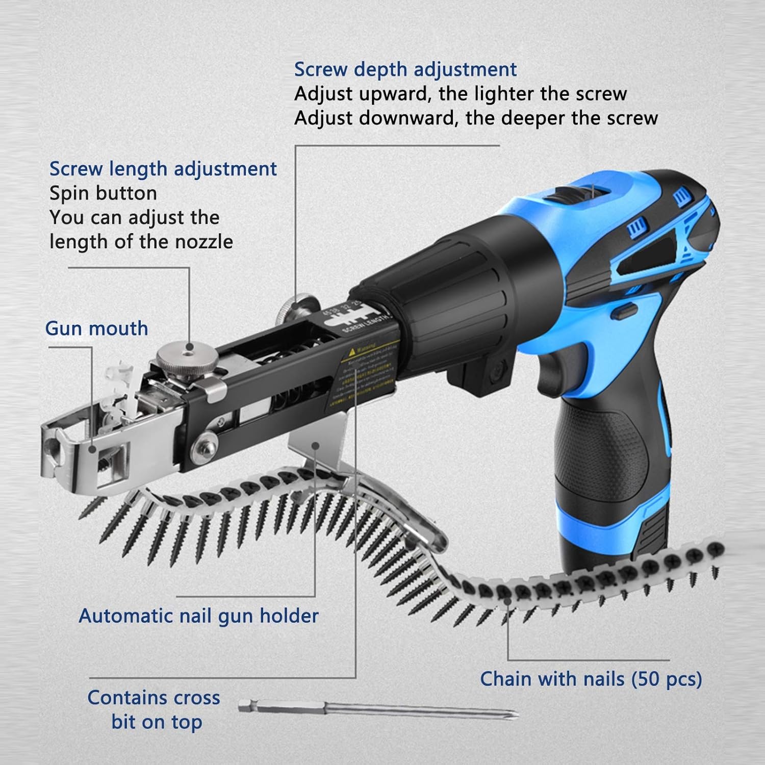 【PWDET】Chain with screw head, automatic nail feeding, adjustable depth and length, suitable for carpentry and gypsum board decoration