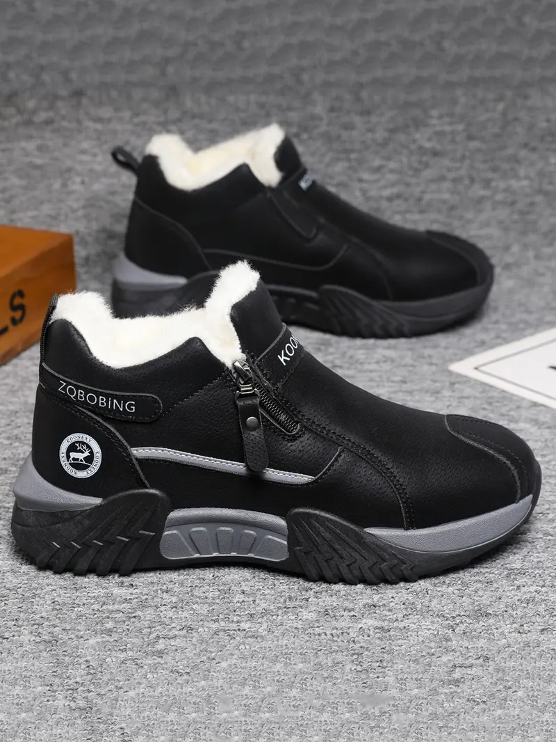 Unisex Winter Snow Casual Ankle Boots, Suede-Look Upper, Side Zip, Fleece-Lined Warm, Thick PVC Sole