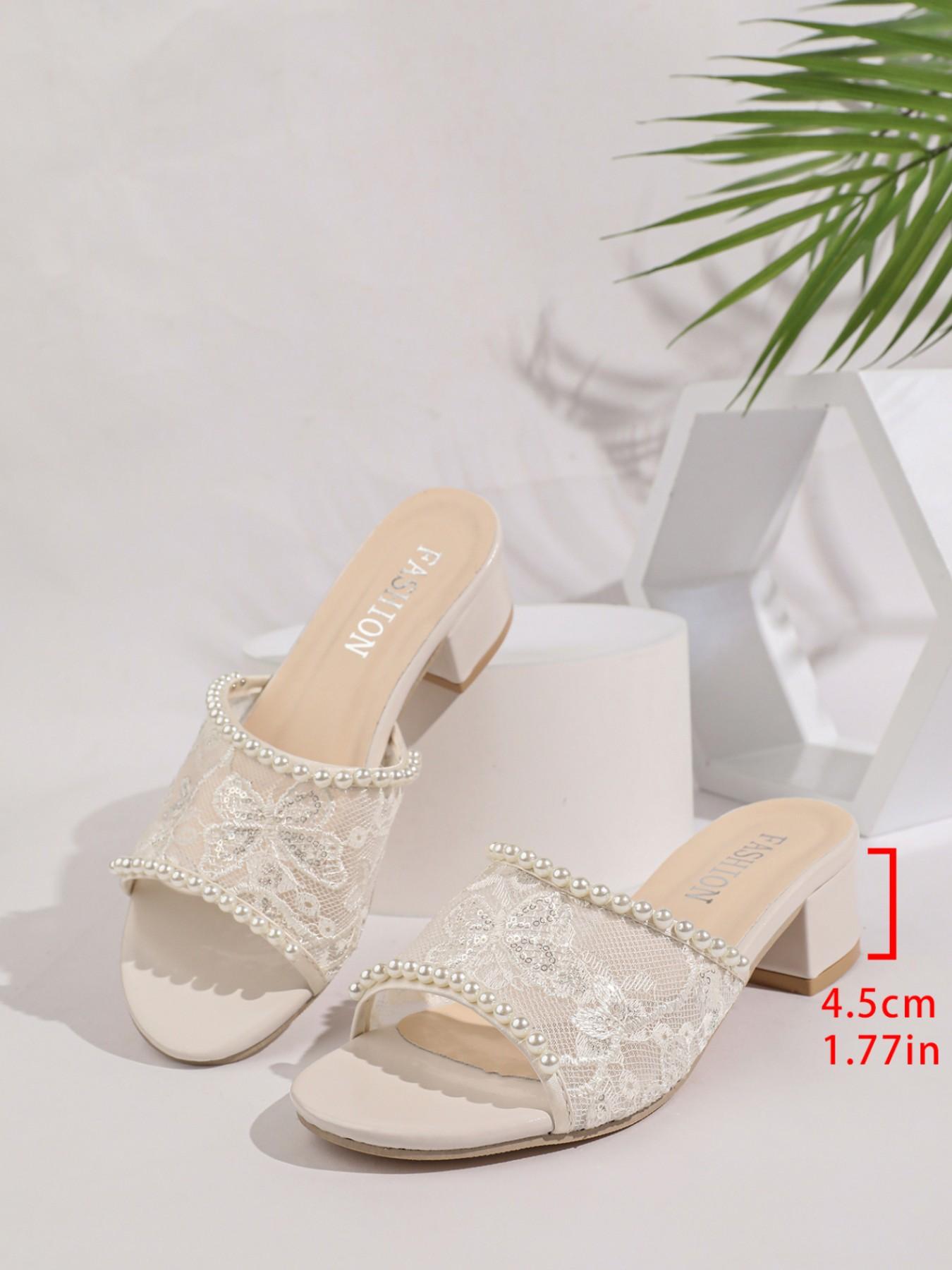 YYW1 2026 Women's Lace Embroidery Pearl Trim Slip-On Block Heel Sandals - Elegant Open-Toe Bridal Wear with Textile Comfort