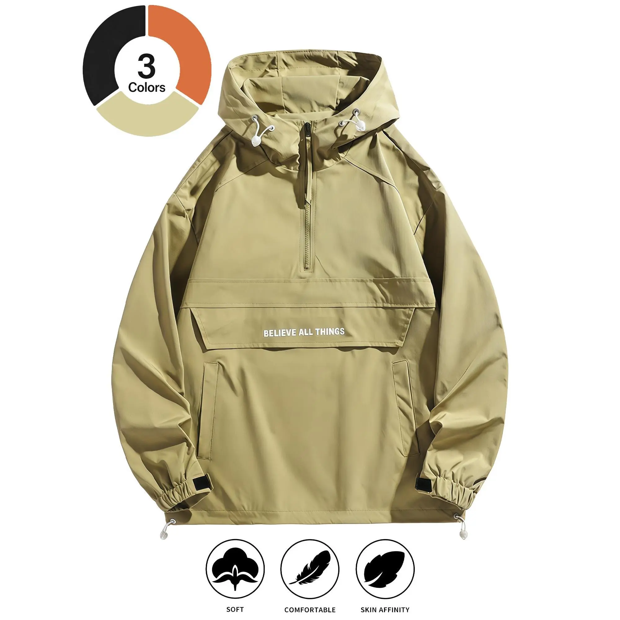 Men's Half Zip Windbreaker Jacket Lightweight Hooded Coat with Drawstring Hem and Side Pockets, Suitable for Teens and Adults, Oversized Streetwear Outdoor Sports Jacket, Olive Green/Other Colors All Season Casual Jacket, Menswear Stylish Big Loose
