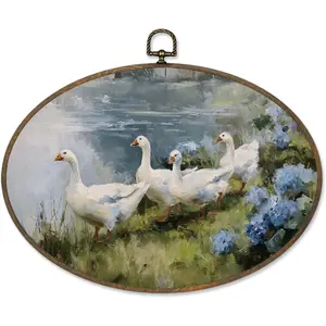 Sviojuce Rustic Farmhouse Goose Oval Wall Art Decor 8.6x11.4, Country Wildflower Goose Landscape Framed Canvas Prints Wall Artwork, Farm Animal Wall Hanging Decor for Home Bedroom Room Decorations