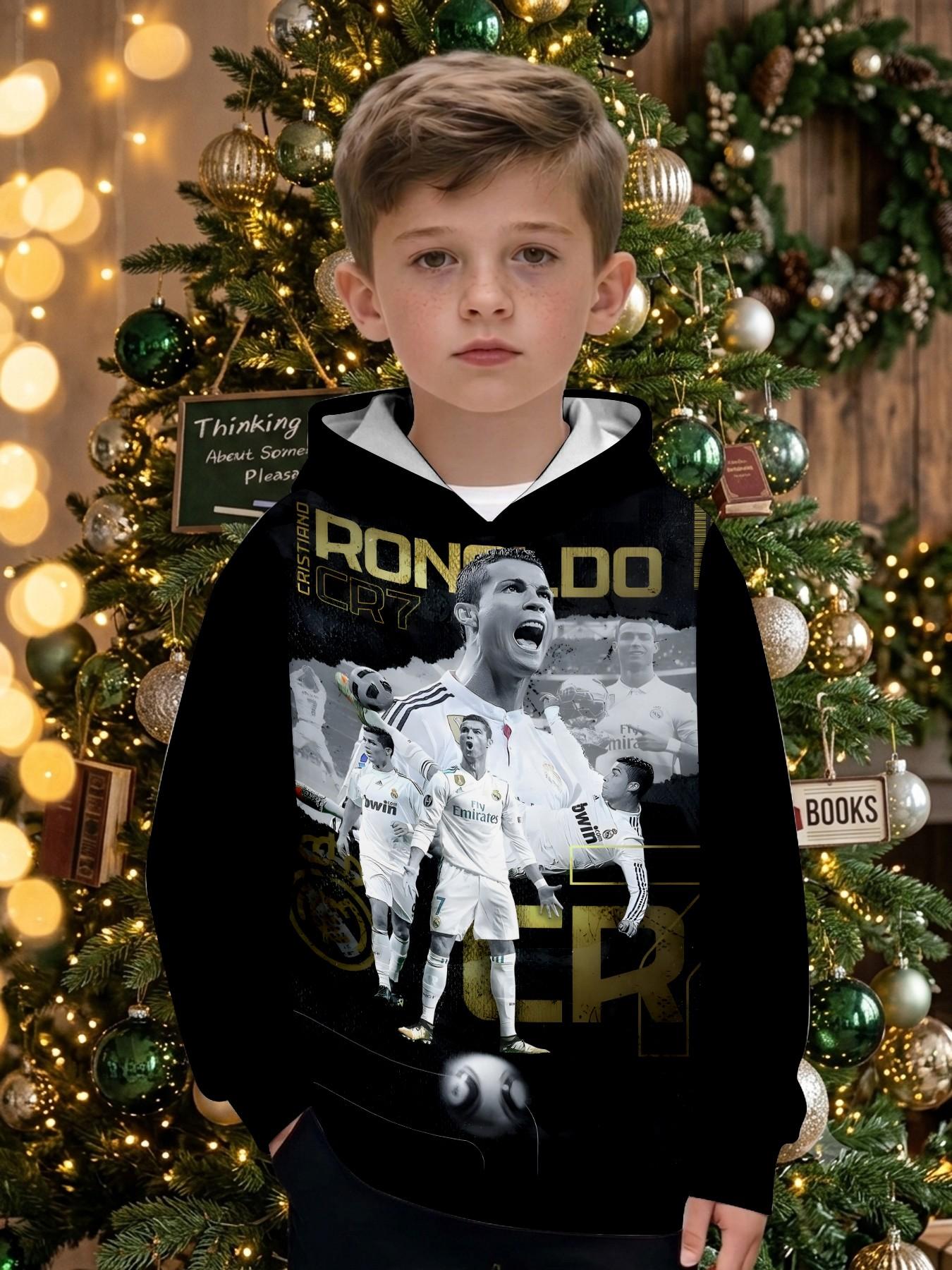 Base Ronaldo Cr7 Gold Foil Print Hoodie, Boys' Football Theme Long Sleeve Pullover, Casual Loose-Fit H-Type Design