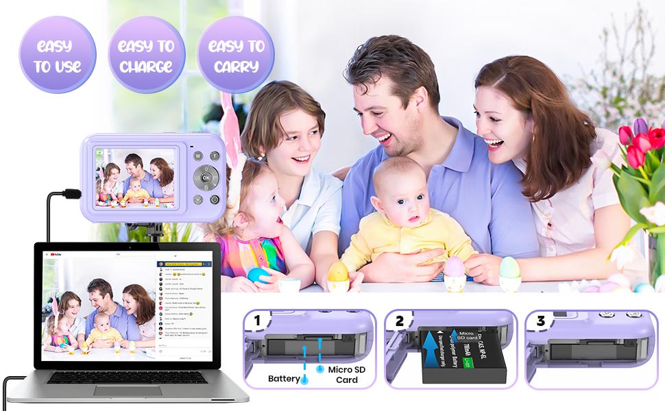 CAMKORY Kids Digital Camera (Violet Purple) - 44MP High Definition Electronic Portable Kids Video Camera, FHD 1080P Compact Rechargeable Point & Shoot, 16X Zoom, Anti-Shake, 32GB Micro SD Card, Lanyard, USB Type-C, Electronic Portable Camera