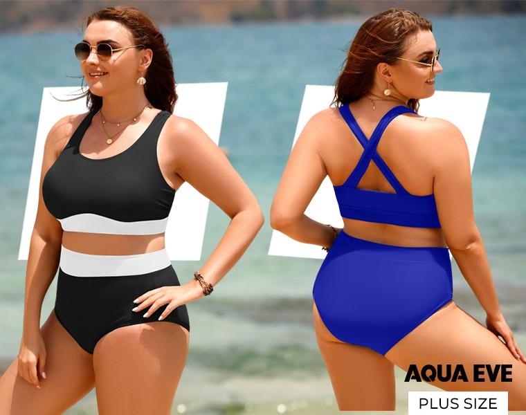 Aqua Eve Plus Size Two Piece High Waisted Bikini Swimsuits Scoop Neck Bikini Set Sporty Bathing Suits