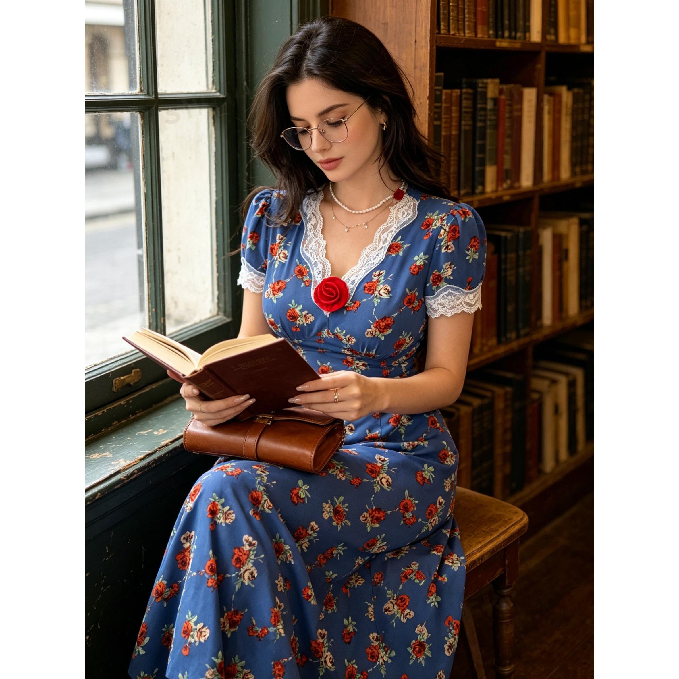 Vintage French Blue Floral Midi Dress Romantic Lace V-Neck Gown | S-XXL Inclusive Sizing | Perfect for Picnic, Date Night, Sunday Brunch & Tea Parties