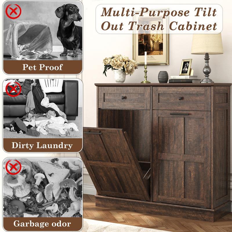 Trash Can Cabinet, 10 Gallons / 20 Gallons Farmhouse Hidden Wood Garbage Can Bin Cabinet with Drawers, Tilt Out Laundry Hamper with Laundry Storage Basket for Bathroom, Kitchen, Brown/Antique White