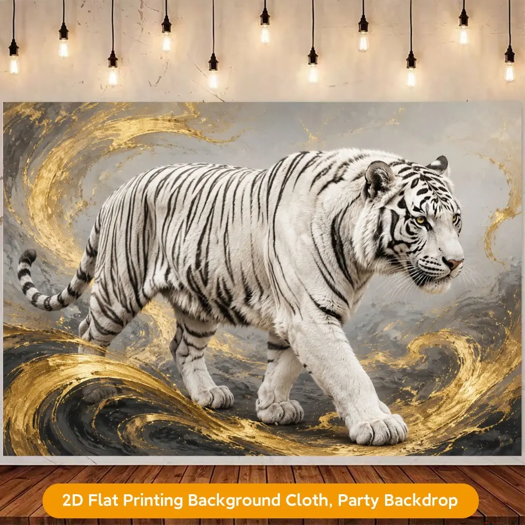 1 piece of 2D flat backdrop fabric, white tiger walking with dynamic grace and majesty polyester backdrop banner, suitable for Halloween, Christmas Eve, Christmas, Thanksgiving, parties, living rooms, bedrooms, outdoors, and holiday decorations