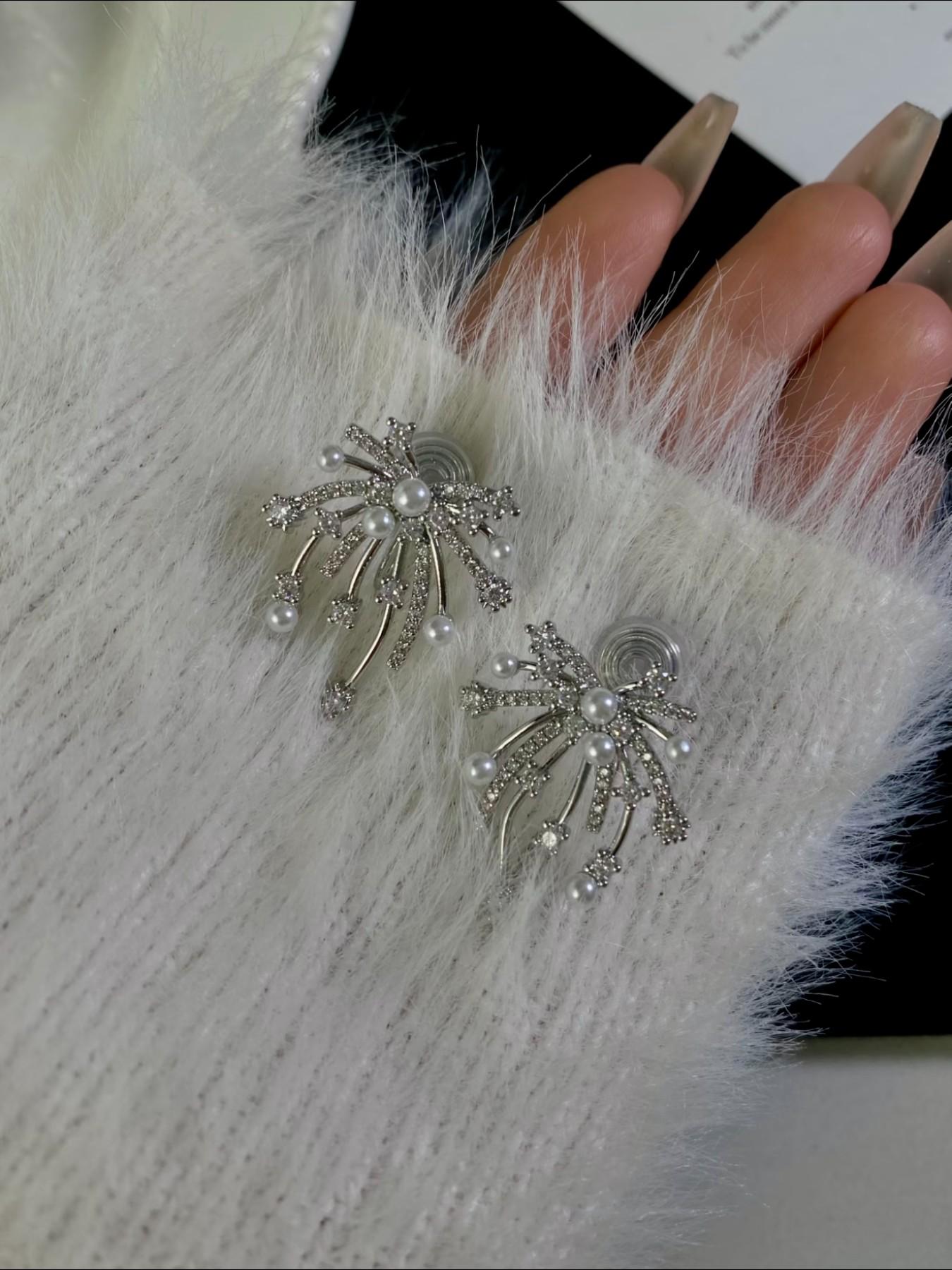 Silver Color Firework Pearl Earrings, Luxury Rhinestone Design, Dangle Style, Titanium Steel, Fashionable Women's Jewelry