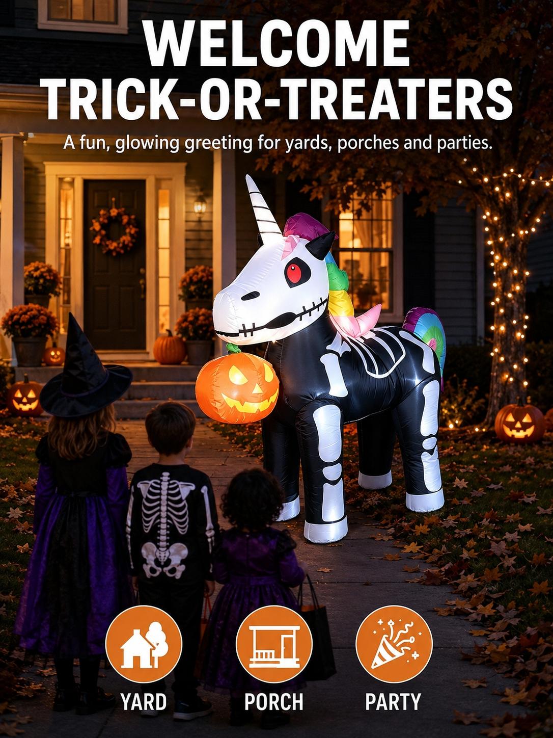 Halloween 1.5m Inflatable Skull Unicorn Pumpkin Light, LED Glowing Courtyard Lawn Outdoor Party Decor, Windproof Easy Install Foldable Storage