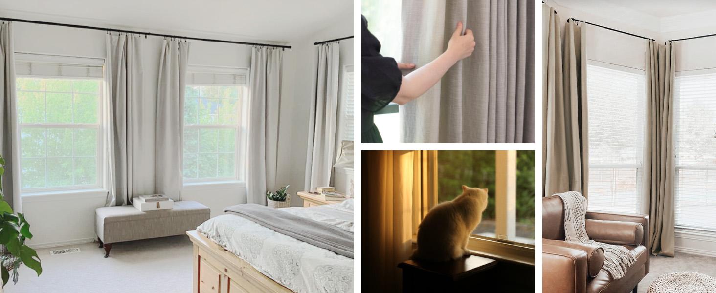 Inovaday 2pcs Blackout Curtains Linen Curtains for Living Room Bedroom Window Drapes Clip Rings/Rod Pocket Linen Black Out Curtains Thermal Insulated