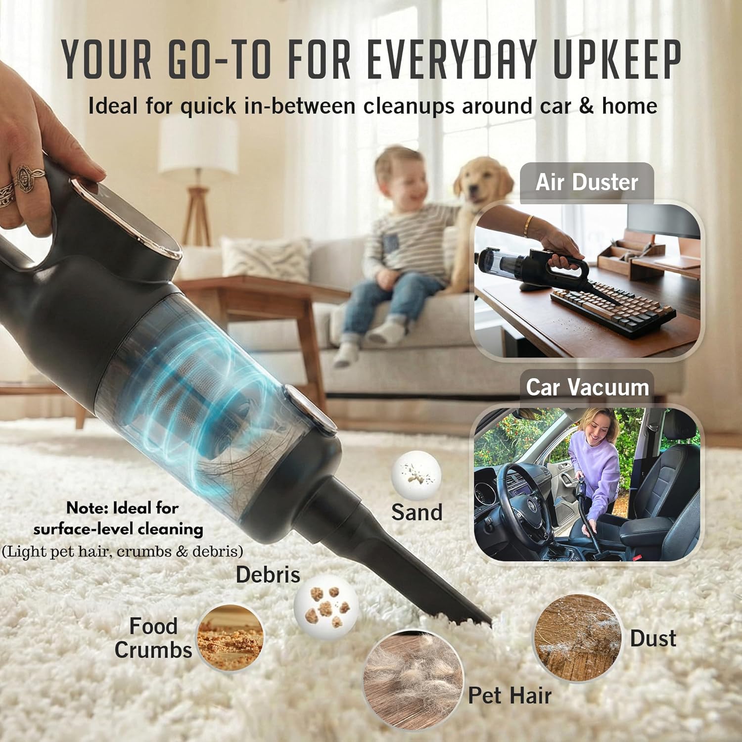 Vacuum Portable Cordless, 4-in-1 Mini  Vacuum with 19500pa Suction & Air Duster, USB-C ,  Digital Display, Handheld Vacuum with LED Light, Multi Nozzles for , , Office,