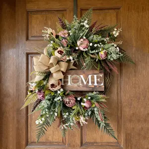 All-Season Front Door Wreath with Home Sign, Peony Burlap Bow, Rustic Farmhouse Style, Outdoor Porch Wall Decor, Four-Season Floral Wreath