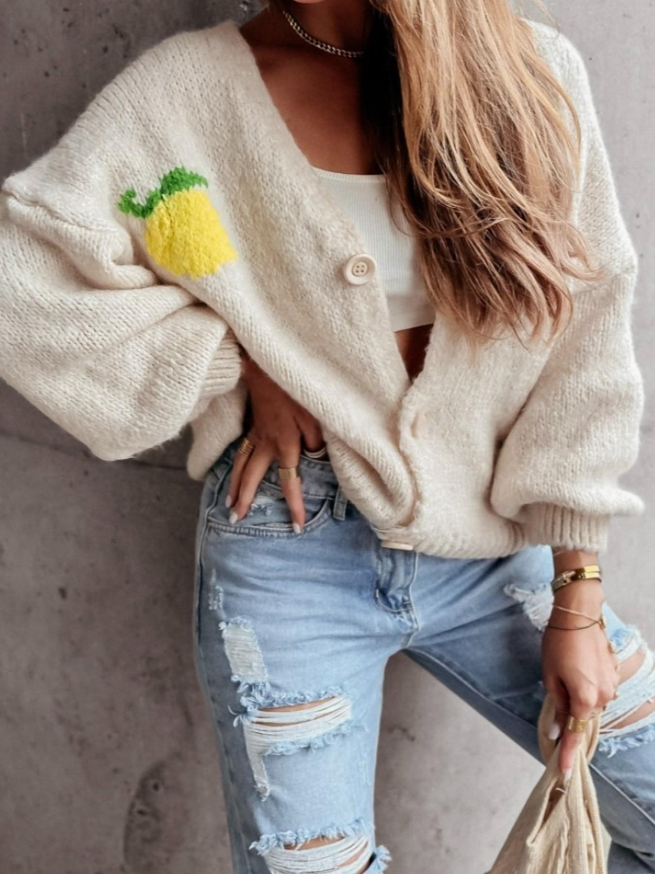 Women's Cute Lemon Pattern Loose Fit Knit Cardigan, Graphic Sweater Top, Long-Sleeve V-Neck Front Button Sweater, Vintage Y2K Sweet Casual Tops, Knitwear