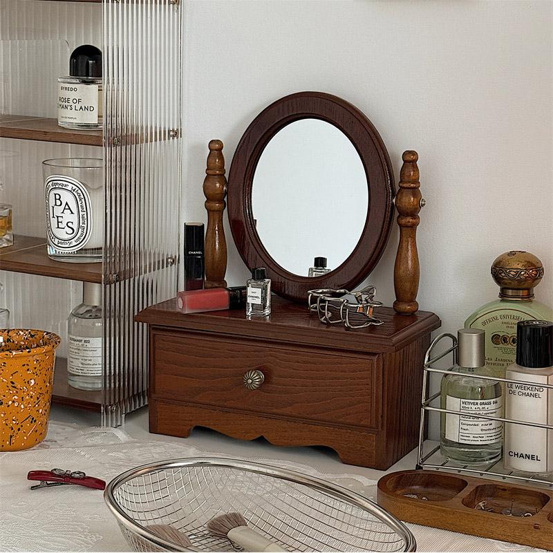 Rotatable Makeup Mirror Desktop Organizer Box, French Vintage Wooden Vanity Storage, Bedroom Desk Accessory, Unframed Edge Grinding Design